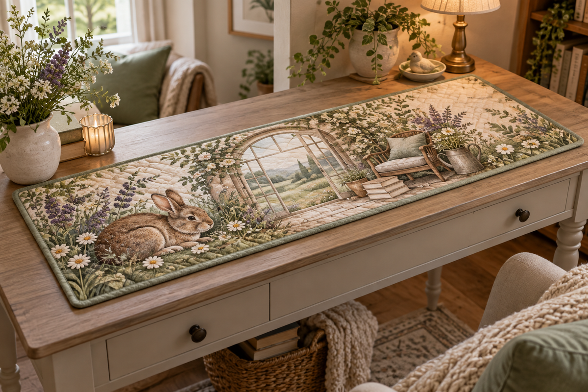 Quilted table runner with resting rabbit, arched garden window, reading chair and meadow flowers.