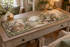 Quilted table runner with resting rabbit, arched garden window, reading chair and meadow flowers.
