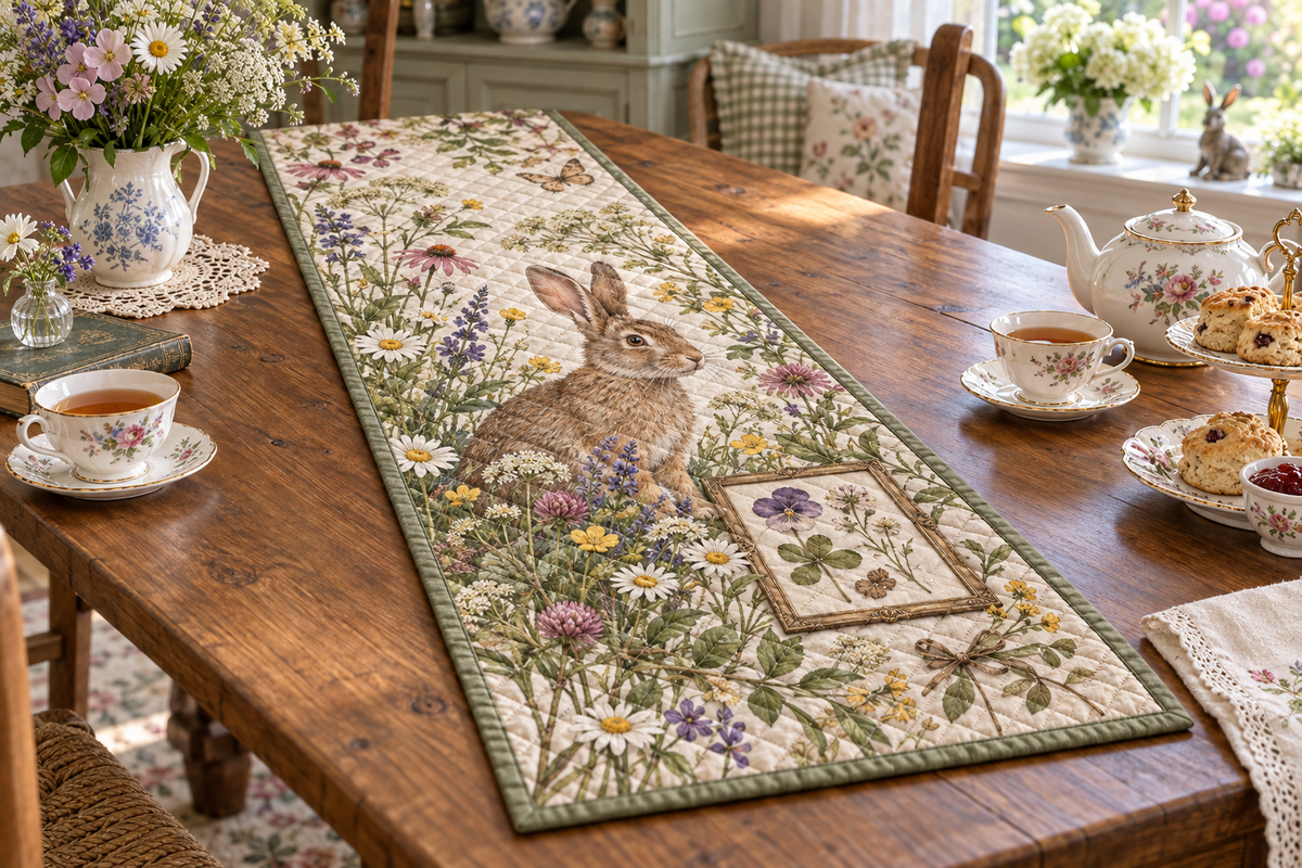 Quilted table runner with a brown meadow rabbit and framed pressed-flower botanical print.