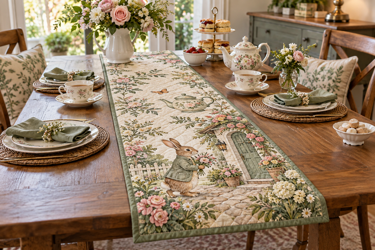 Quilted table runner with a rabbit carrying a bouquet to a cottage door among tea and garden botanicals.