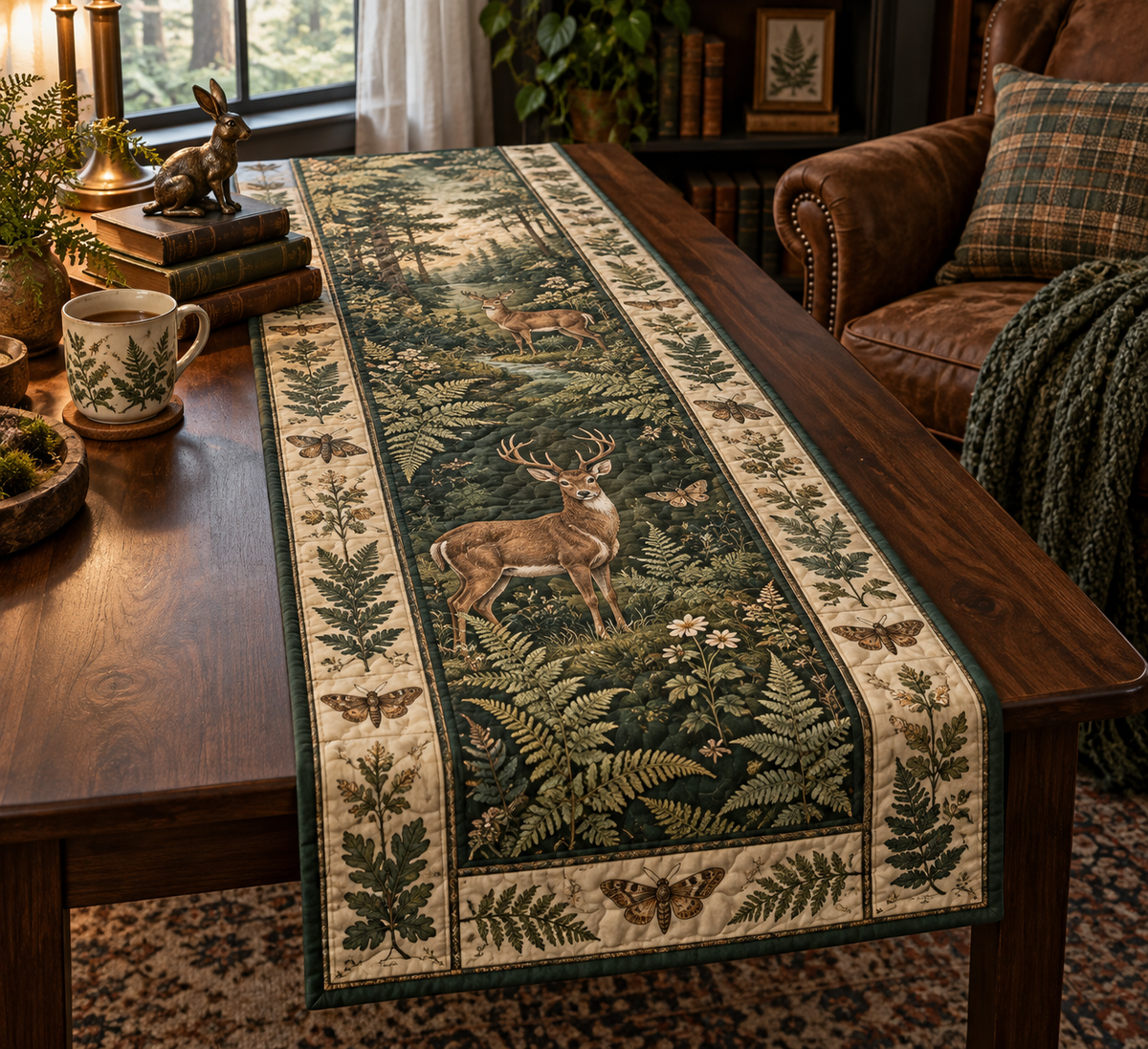 Quilted table runner with woodland deer, layered fern folios and tiny moth illustrations.