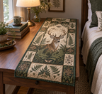 Quilted bedside table runner with a woodland deer, layered fern panels and tiny moth details.