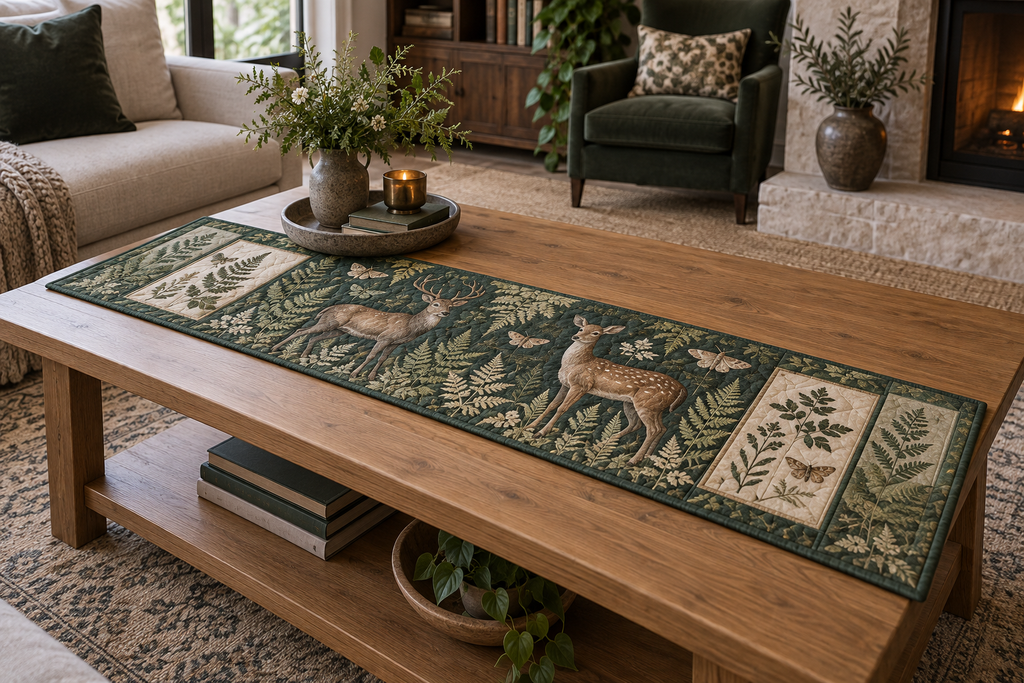 Quilted table runner with two deer, fern sprays, moth details and archival folio panels.
