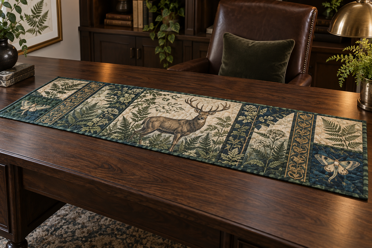 Quilted desk table runner with stag, fern folio panels and moth details.