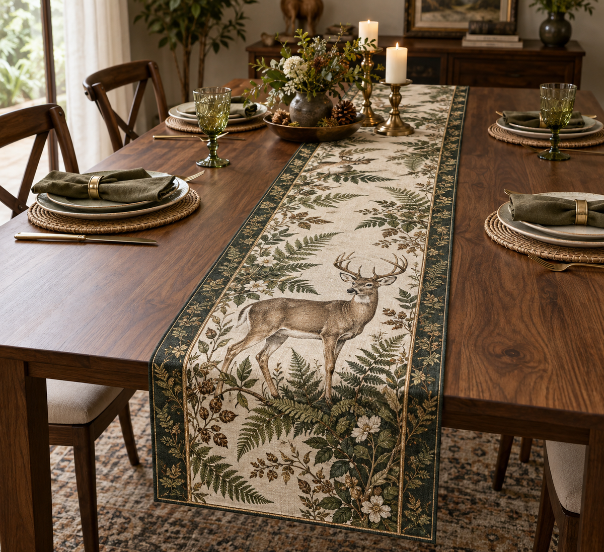 One quilted table runner with a printed deer and fern design on a dining table.