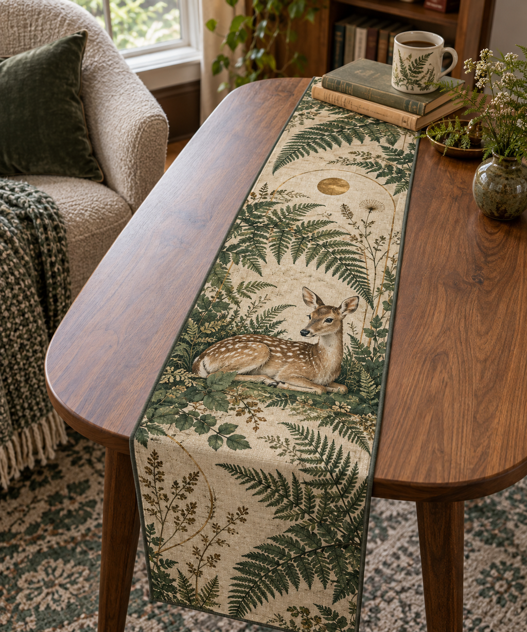 One quilted table runner with a printed resting deer and fern design on a reading-corner table.