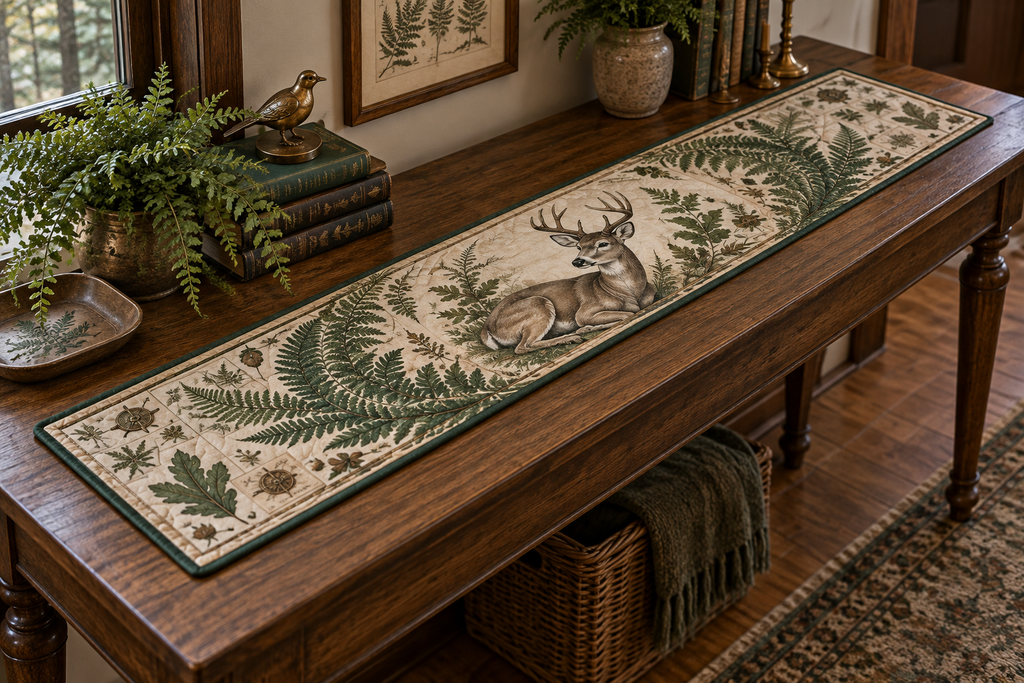 One quilted table runner with a resting deer and fern print on a collector’s console table.