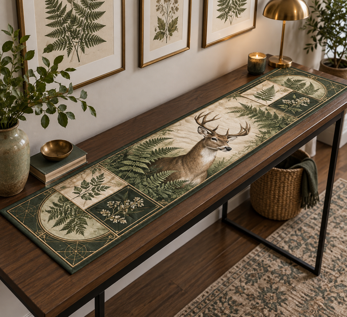 One quilted table runner with a printed deer portrait and fern panels on an apartment console.
