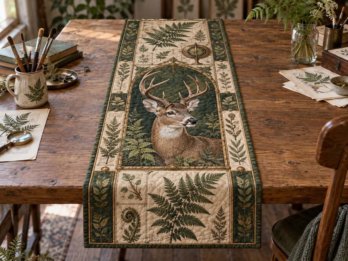 One quilted table runner with deer portrait and fern study panels on a hobby worktable.