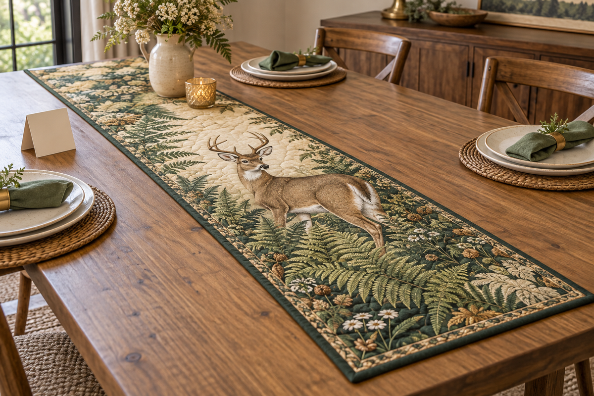 One quilted table runner with a printed deer and fern design on a welcoming dining table.