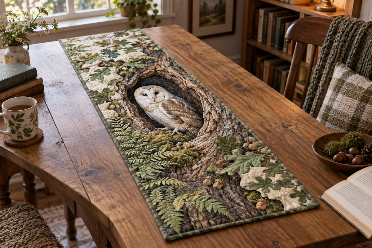 One quilted table runner with a printed barn owl in an oak hollow and fern details on a reading nook table.