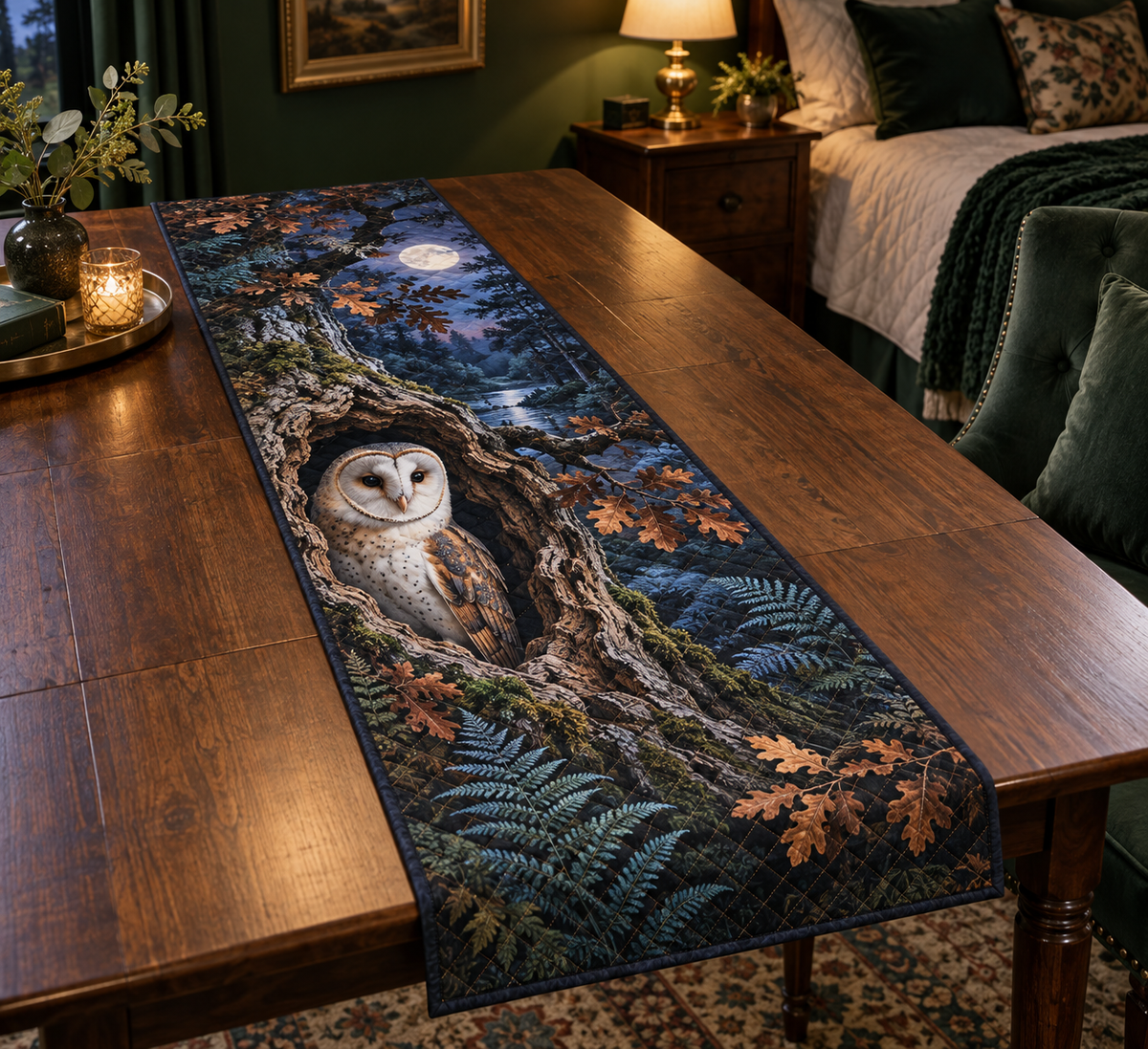 One quilted table runner with a moonlit barn owl, oak hollow, ferns and copper leaves on a bedroom sitting table.