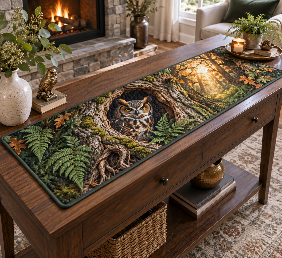 One quilted table runner with a great horned owl, ancient oak hollow and emerald ferns on a living room console table.