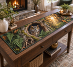 One quilted table runner with a great horned owl, ancient oak hollow and emerald ferns on a living room console table.