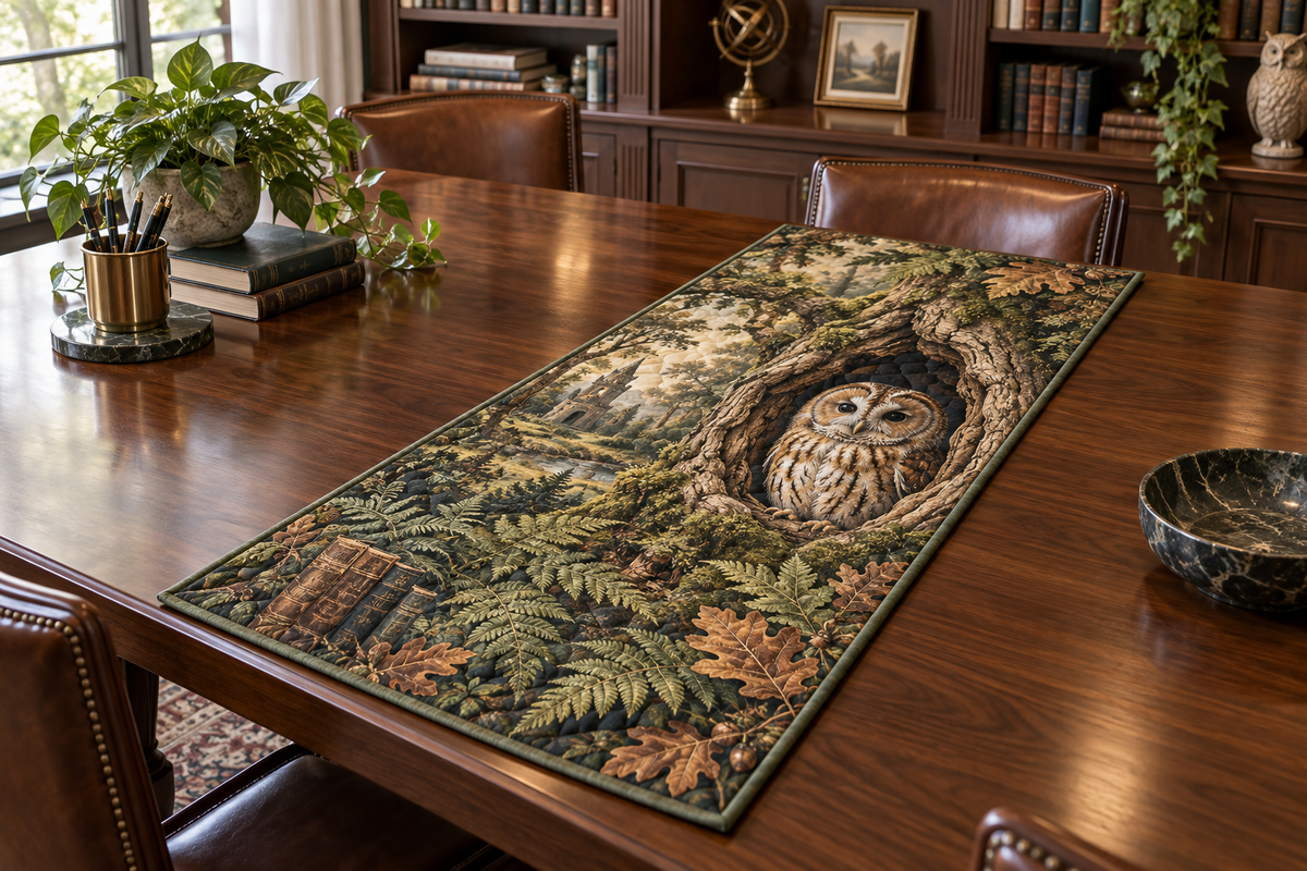 One quilted table runner with a tawny owl, oak hollow, sage ferns and copper leaves on a home office table.