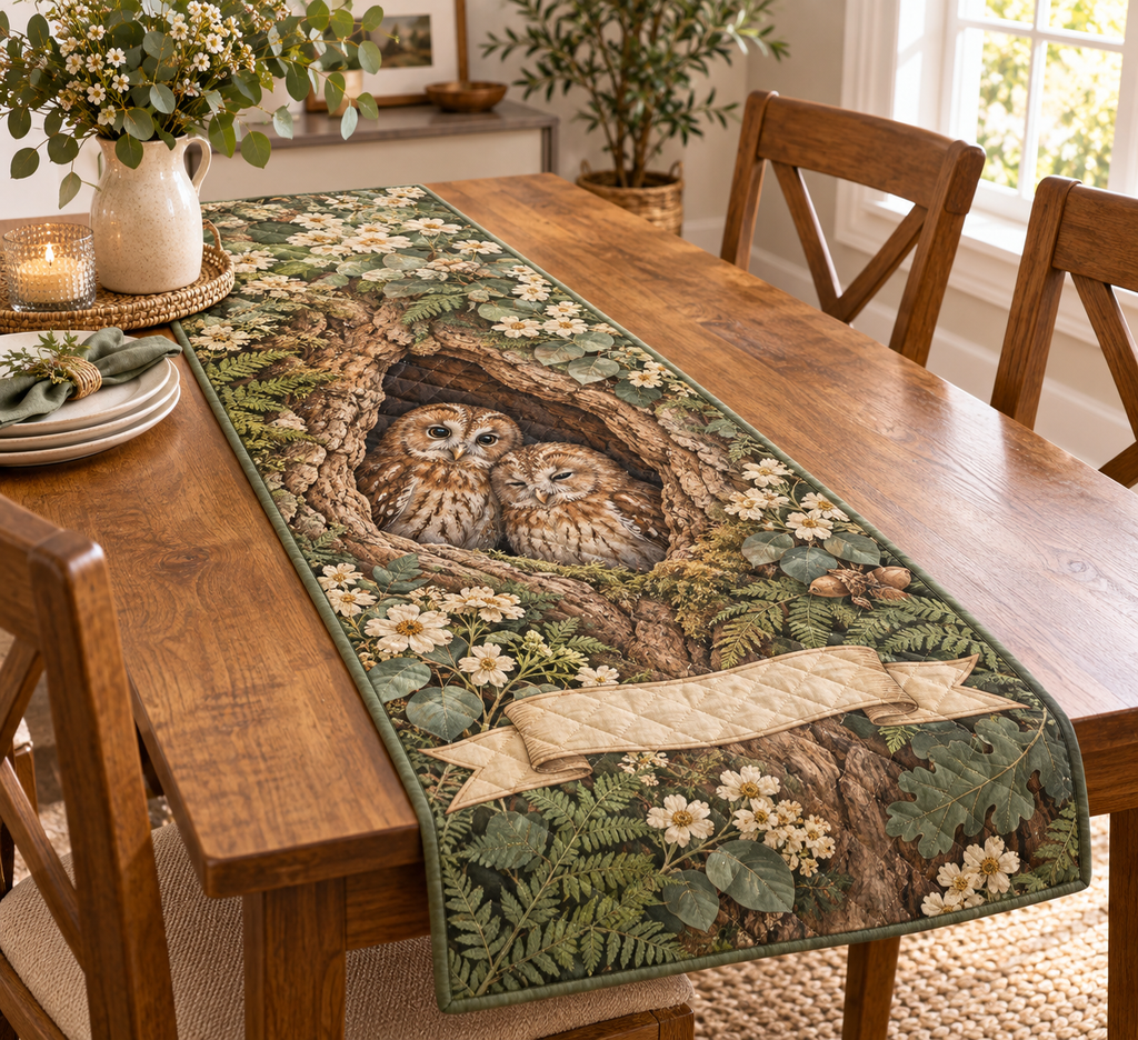 One quilted table runner with a pair of tawny owls, oak hollow, eucalyptus, cream flowers and a blank ribbon panel.