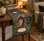 One quilted table runner with a peaceful tawny owl, moonlit oak hollow, sage ferns, cream flowers and a blank name panel.