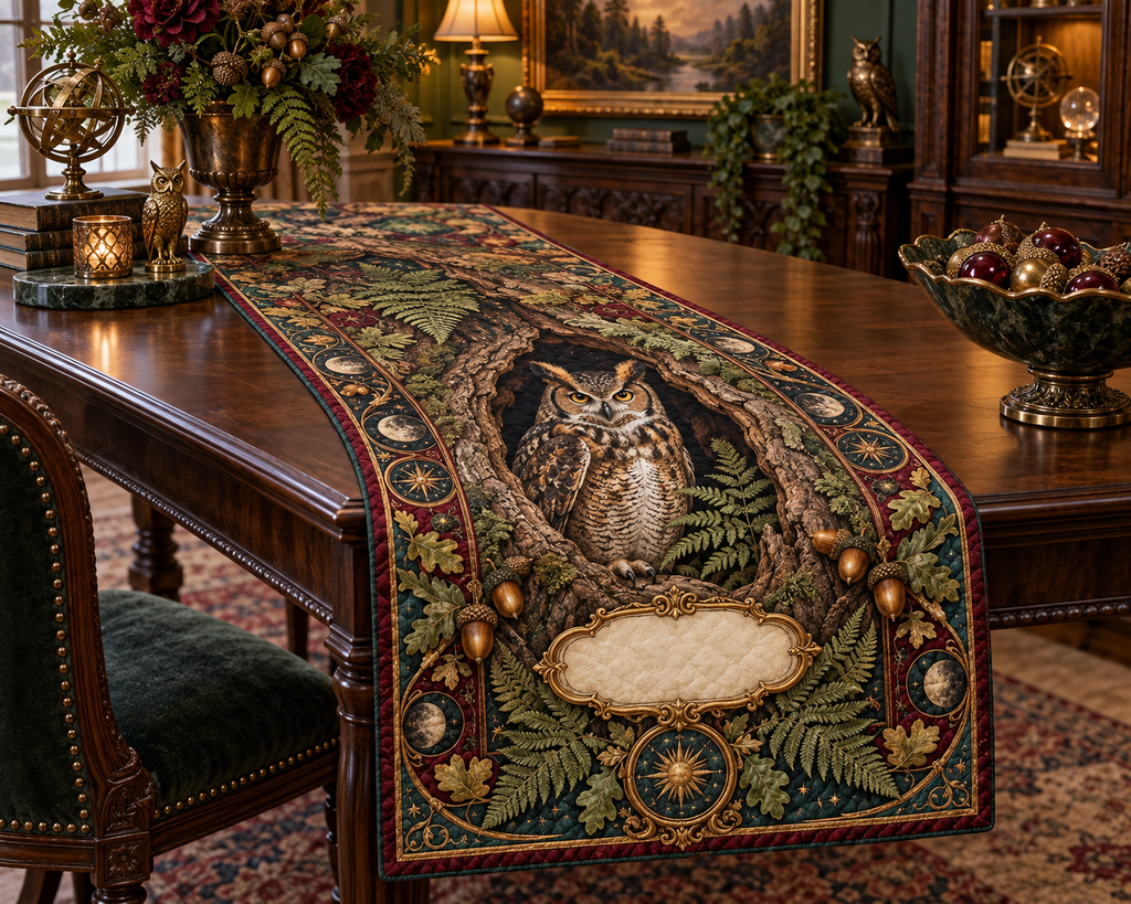 One quilted table runner with a great horned owl, antique oak hollow, ferns, amber acorns and a blank ornate cartouche.