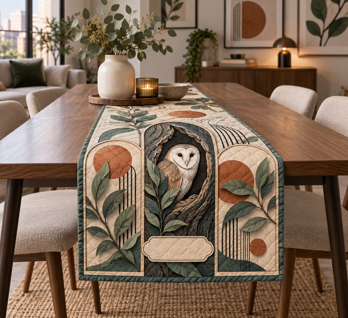 One quilted table runner with a barn owl, oak hollow, modern arched panels, sage leaves, terracotta circles and blank name panel.