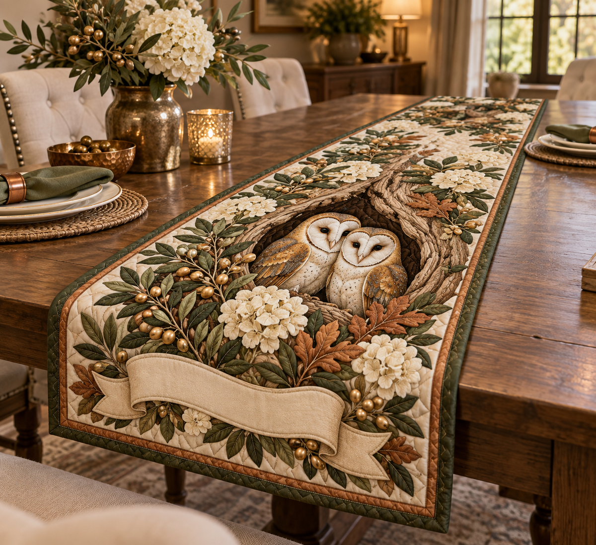 One table runner with two barn owls, oak hollow, olive branches, cream hydrangeas and a blank ribbon panel.