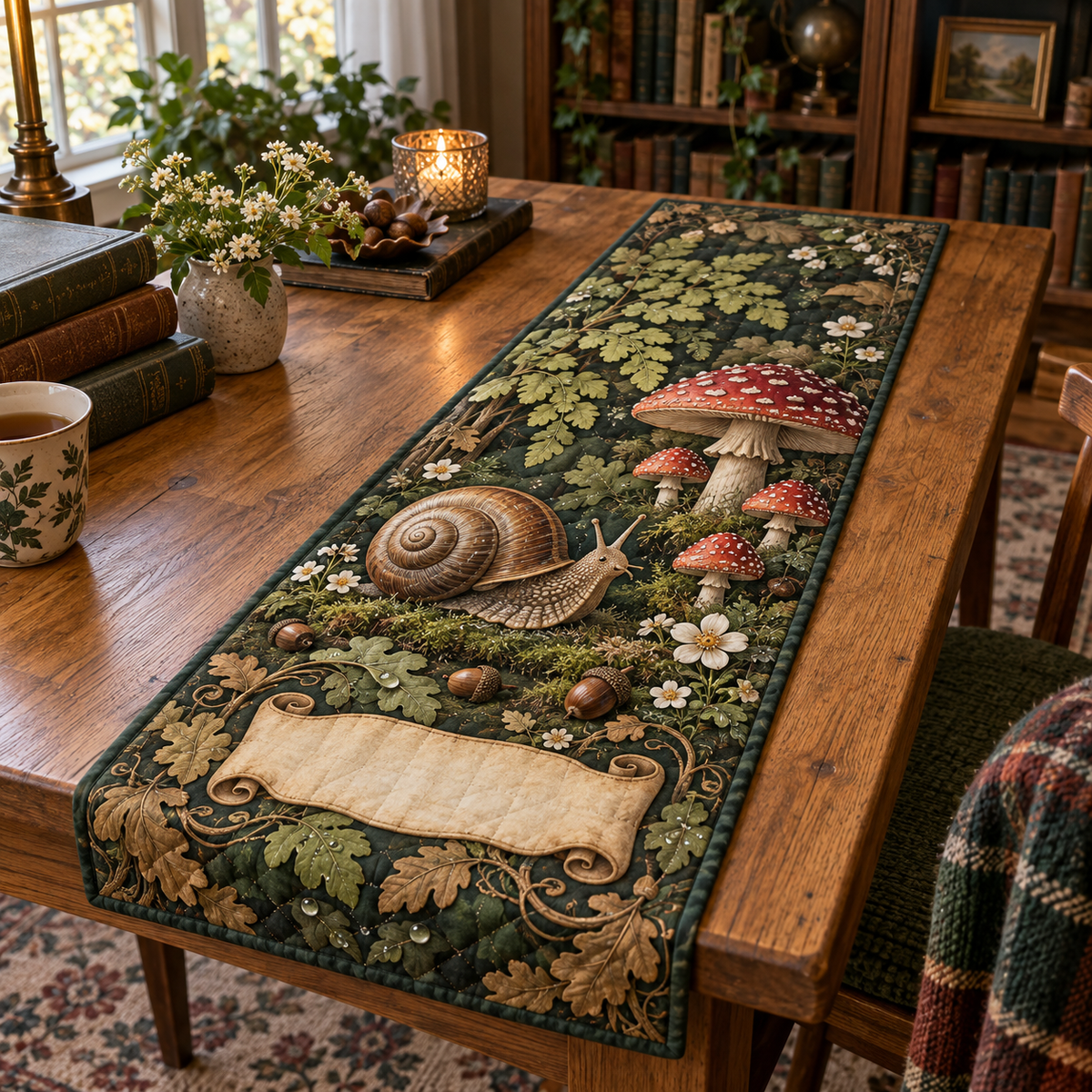 One table runner with a storybook snail, red toadstools, moss, ferns, cream flowers and a blank scroll panel.