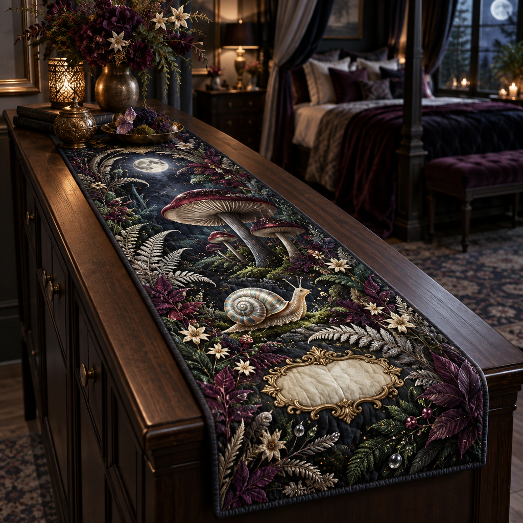 One table runner with a pearl-shell snail, moonlit toadstools, silver ferns, plum leaves and a blank gold cartouche.