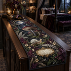 One table runner with a pearl-shell snail, moonlit toadstools, silver ferns, plum leaves and a blank gold cartouche.