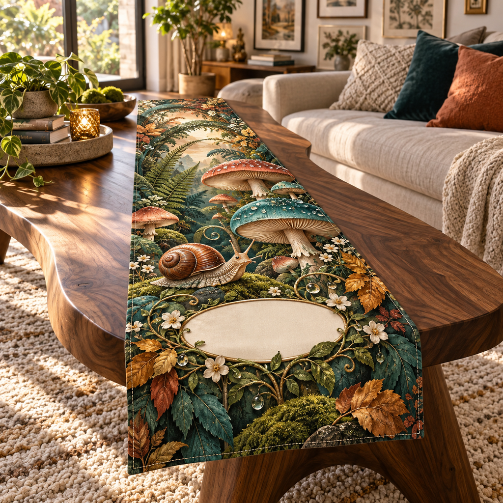 One table runner with a copper-shell snail, coral and teal toadstools, ferns, amber leaves and a blank oval plaque.