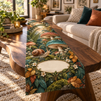 One table runner with a copper-shell snail, coral and teal toadstools, ferns, amber leaves and a blank oval plaque.