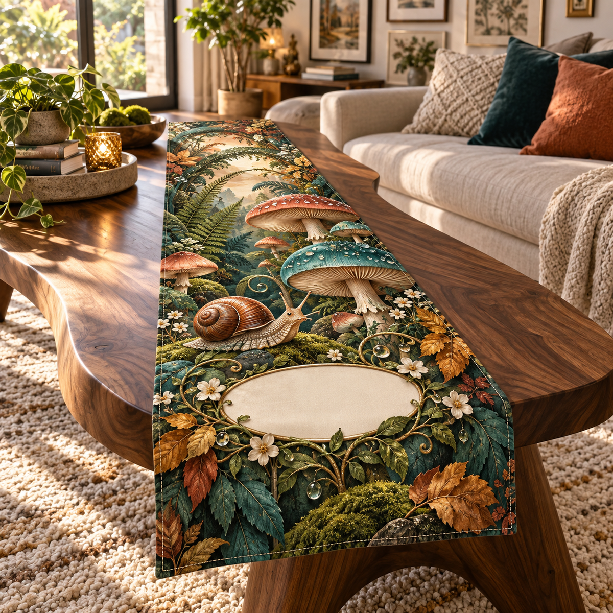 One table runner with a copper-shell snail, coral and teal toadstools, ferns, amber leaves and a blank oval plaque.