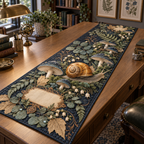 One table runner with an amber-shell snail, indigo toadstools, sage ferns, parchment leaves and a blank bookplate.