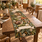 One table runner with a chestnut-shell snail, sage toadstools, cottage doorway, wildflowers and a blank ivory ribbon.