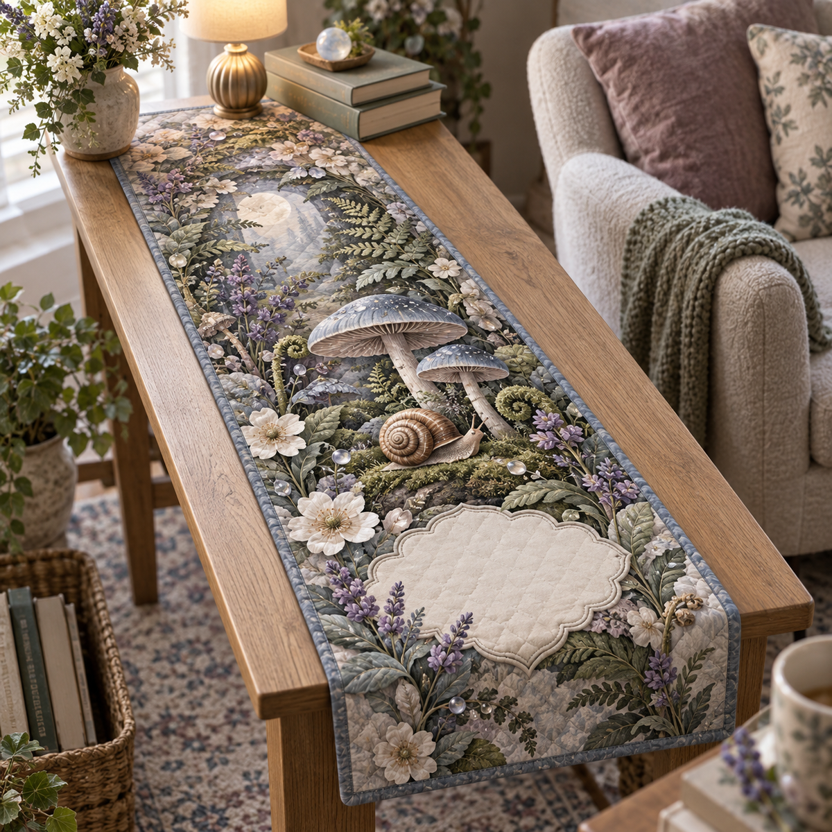 One table runner with a resting snail, dusty-blue and mauve toadstools, lavender, ferns and a blank scalloped panel.