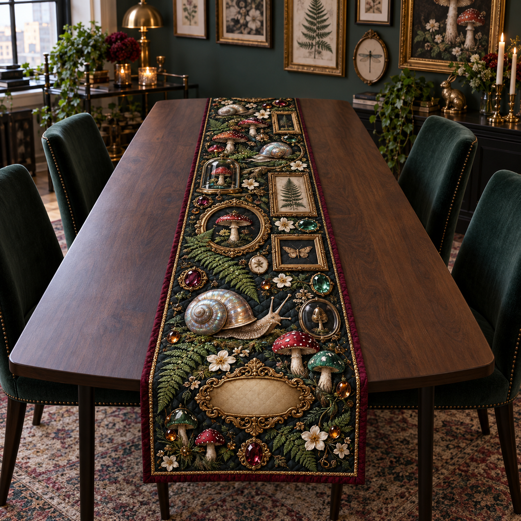 One table runner with an opalescent snail, framed jewel-tone toadstools, ferns and a blank gold cartouche.