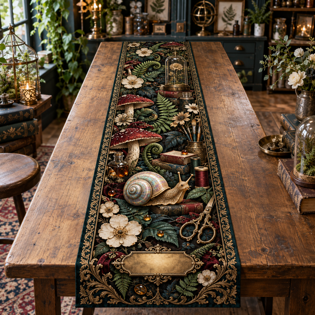 One table runner with an opalescent snail, jewel-tone toadstools, ferns, maker tools and a blank gold plaque.