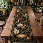 One table runner with an opalescent snail, jewel-tone toadstools, ferns, maker tools and a blank gold plaque.