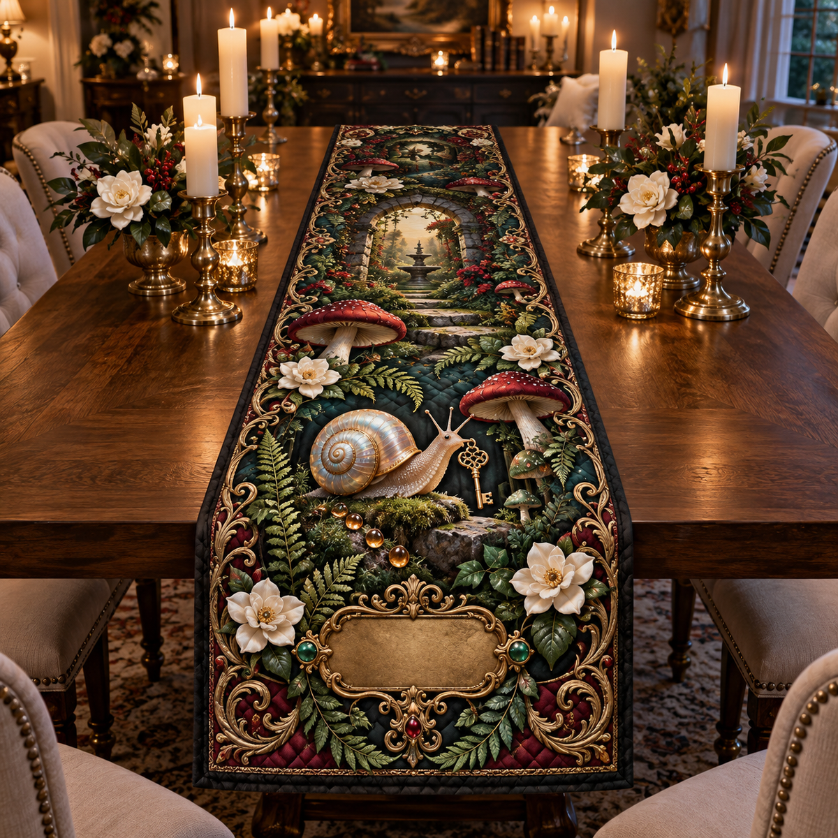 One table runner with an opalescent snail, golden key, jewel-tone toadstools, ivory gardenias and a blank gold plaque.