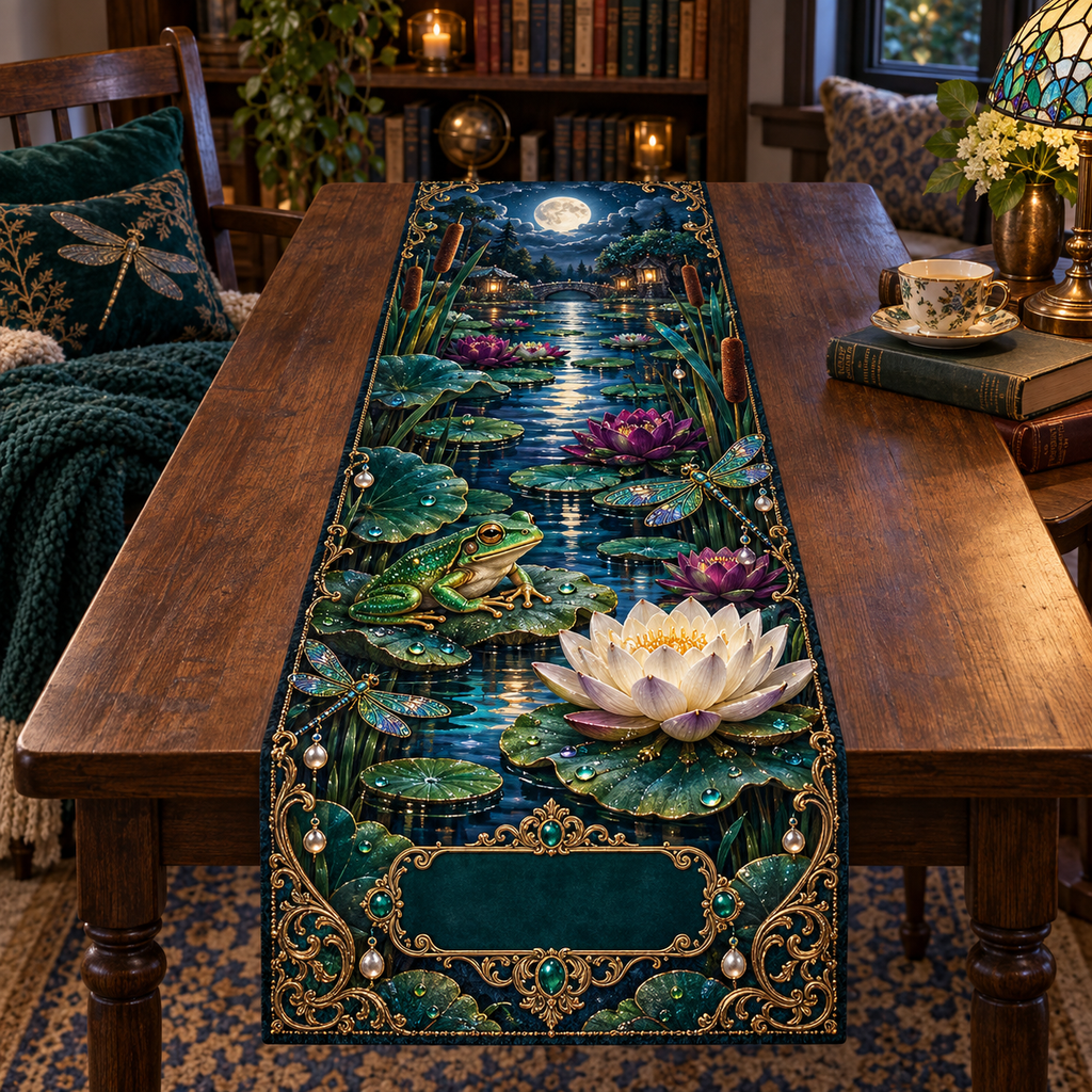 One table runner with an emerald frog, moonlit pond, luminous water lilies, dragonflies and a blank dark-teal plaque.