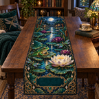 One table runner with an emerald frog, moonlit pond, luminous water lilies, dragonflies and a blank dark-teal plaque.