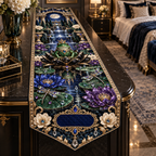 One table runner with a crowned emerald frog, black lotus throne, sapphire and amethyst lilies and a blank deep-sapphire plaque.