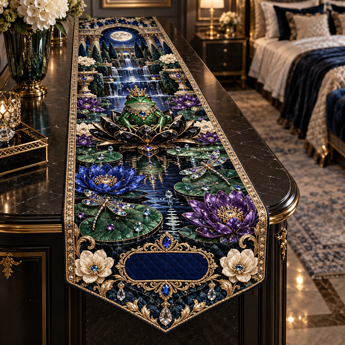 One table runner with a crowned emerald frog, black lotus throne, sapphire and amethyst lilies and a blank deep-sapphire plaque.
