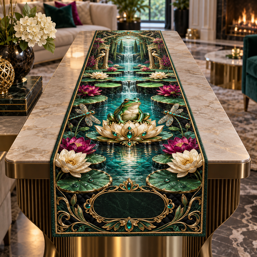 One table runner with an emerald frog, luminous lotus pedestal, turquoise cascading pond, jewel dragonflies and a blank black-green plaque.