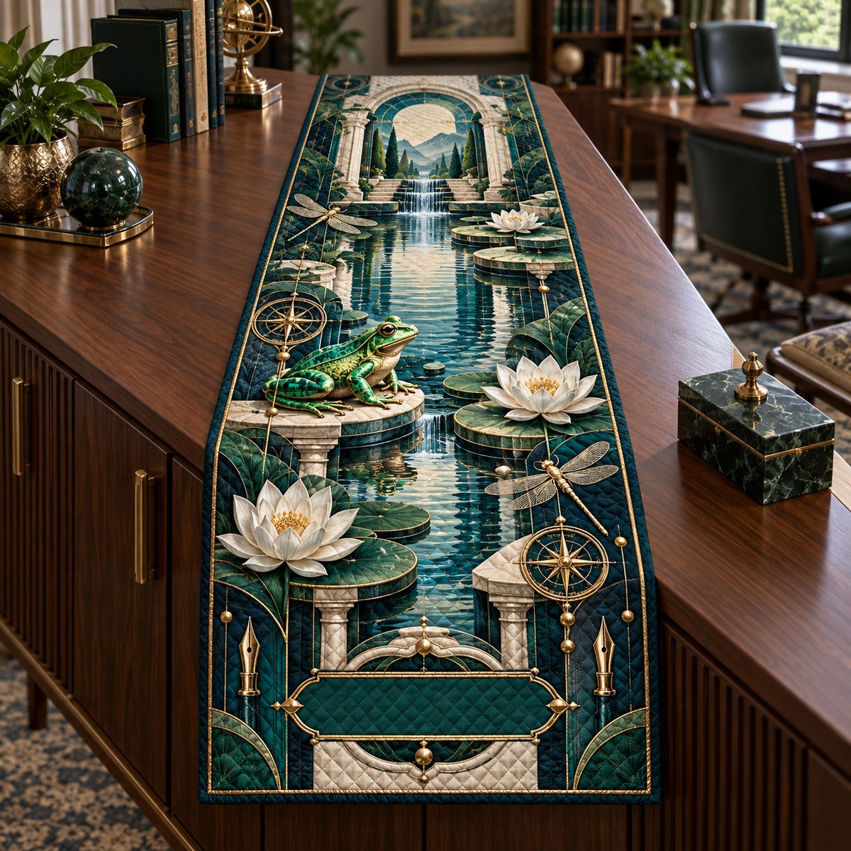 One table runner with a focused emerald frog, stepped lily-pad pond, white lotus, fine-line dragonflies, brass compass motifs, fountain-pen nibs, grid arches and a blank deep-teal plaque.