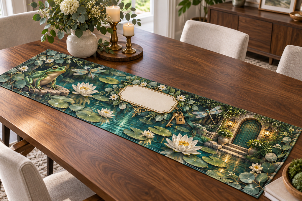 One table runner with an emerald frog, turquoise cottage pond, layered lily pads, ivory lotus flowers, dragonflies, brass keys, eucalyptus and a blank cream name plaque.