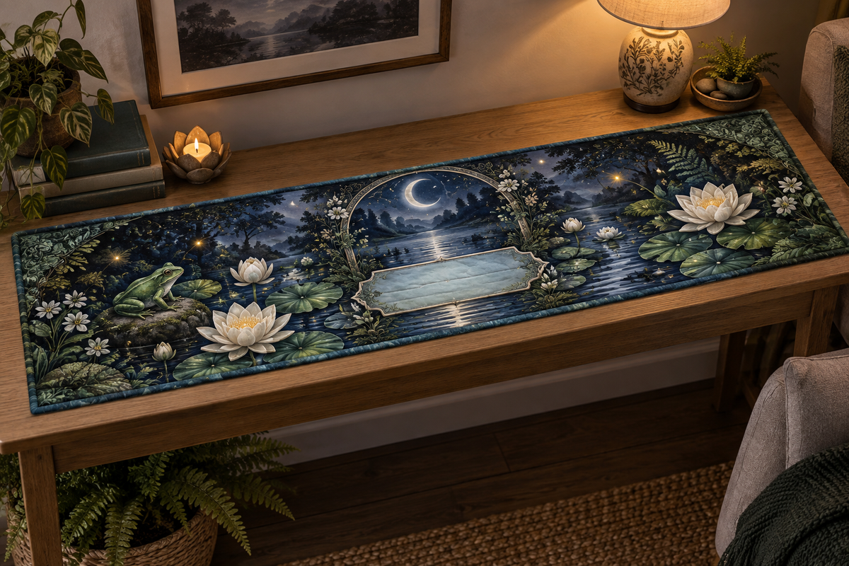 One table runner with a jade frog, moonlit indigo pond, lily pads, ivory lotus, fireflies, ferns, crescent arch and a blank mist-blue plaque.