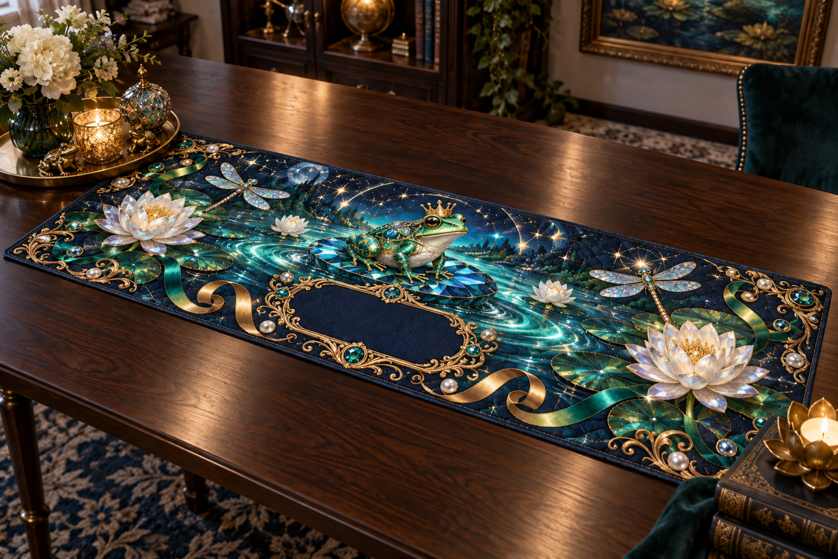 One table runner with a crowned emerald frog, faceted sapphire lily pad, luminous teal pond, pearl lotus, jewel dragonflies, gold filigree and a blank midnight-blue plaque.