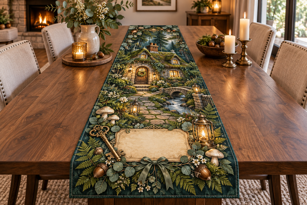 One table runner with a welcoming moss-roof cottage, glowing arched doorway, garden path, stream, antique brass house key, eucalyptus and fern wreath, acorns, cream mushrooms, amber lanterns, ribbon and a blank parchment plaque.