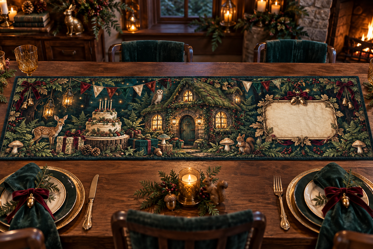 One table runner with a jewel-like moss-roof cottage, glowing arched windows, woodland cake without writing, wrapped gifts, velvet ribbons, brass bells, ferns, acorns, cream mushrooms, amber fireflies, plain pennants and a blank parchment plaque.