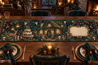 One table runner with a jewel-like moss-roof cottage, glowing arched windows, woodland cake without writing, wrapped gifts, velvet ribbons, brass bells, ferns, acorns, cream mushrooms, amber fireflies, plain pennants and a blank parchment plaque.