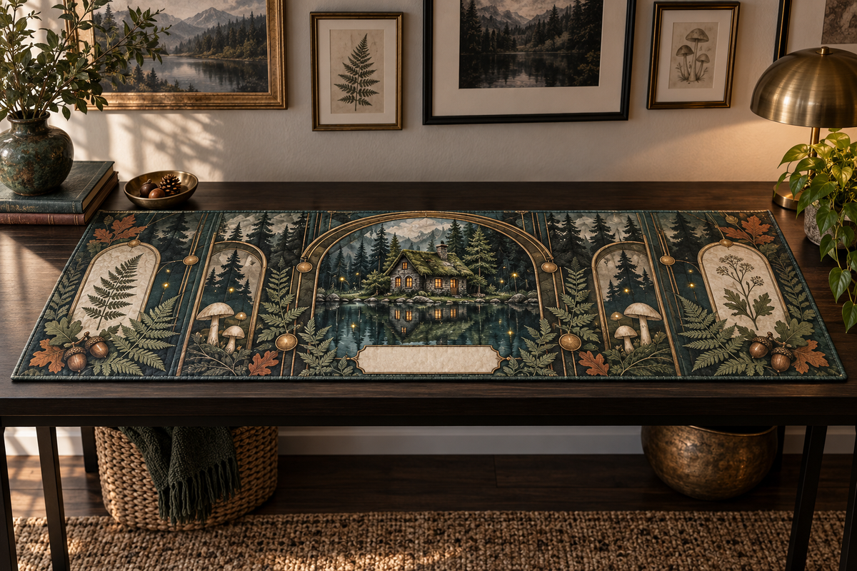 One table runner with a moss-roof cottage reflected in a dark teal pond, geometric brass arch, layered paper-cut forest, antique botanical specimens, ferns, acorns, cream mushrooms, amber fireflies and a blank parchment plaque.